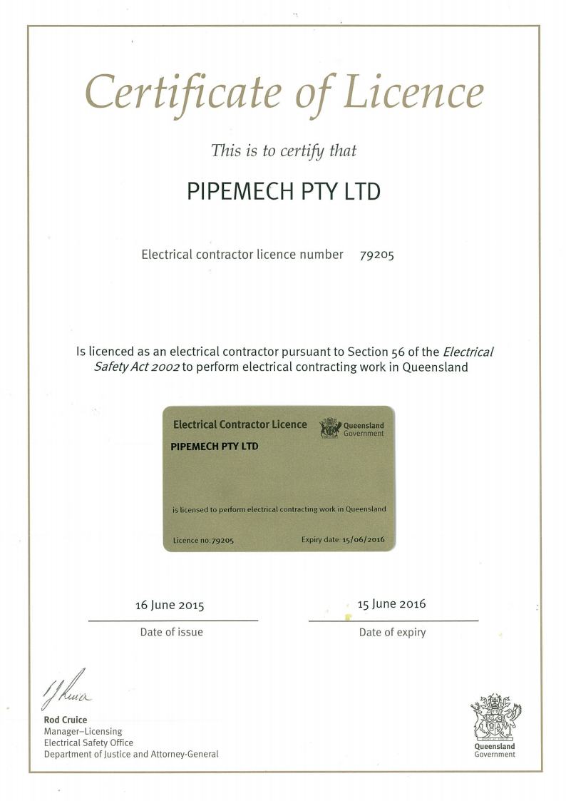Pipemech Obtain Electrical Contractors Licence