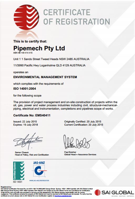 Pipemech achieve Environmental Management System ISO 14001:2004 accreditation.